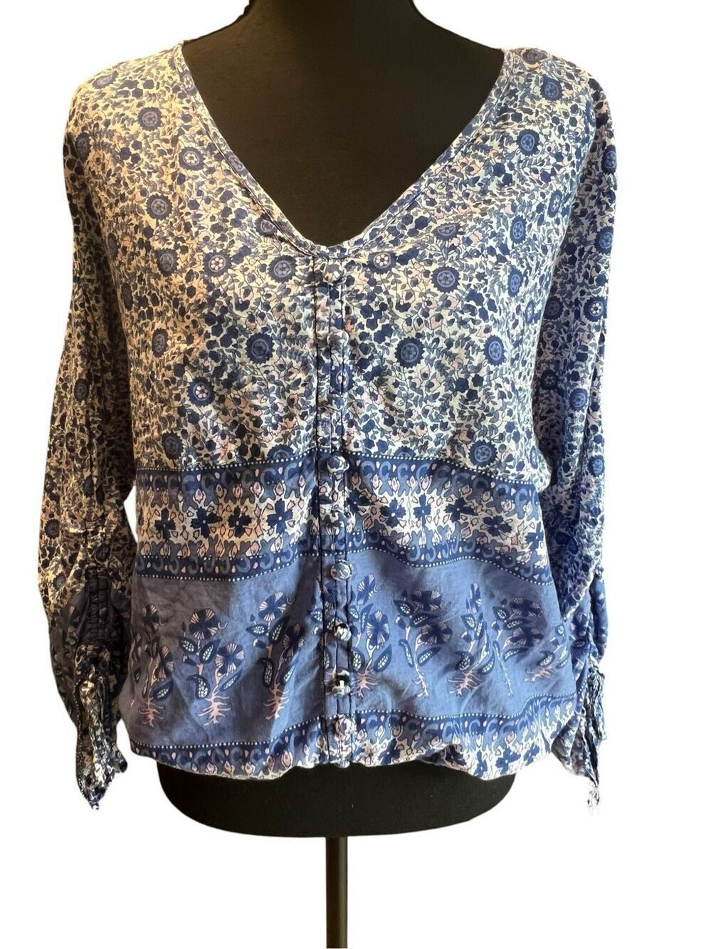 Cynthia Rowley L Blue floral Boho Peasant Blouse lightweight cotton bohemian